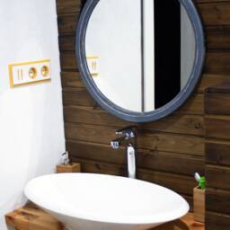 Large Round Mirror With Leather Strap, Wood Distress Frame Mirror, Decorative Wall Framed For Vanity, Modern - thumbnail 2
