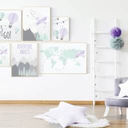 Adventure Awaits Nursery Art Purple Turquoise Hot Air Balloon Prints - thumbnail 2