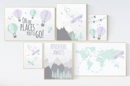 Adventure Awaits Nursery Art Purple Turquoise Hot Air Balloon Prints - thumbnail 1
