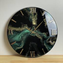 Epoxy Resin Wall Clock, Emerald Green Large Silent Gold Black Custom Housewarming Gift - thumbnail 4