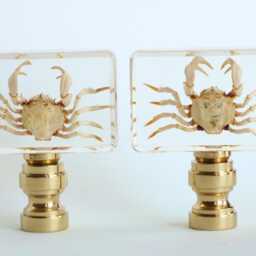 Crab Specimen Lamp Finials - Natural Sea Creatures in Clear Acrylic On Shiny Brass Bases A Single Finial Or Matching Pair - thumbnail 3