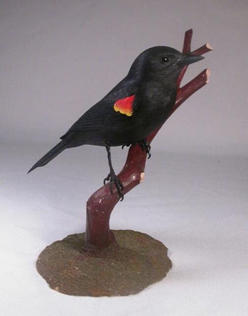 Red-Winged Blackbird Wooden Carved Bird On Wooden Branch - image 1