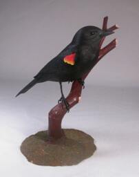 Red-Winged Blackbird Wooden Carved Bird On Wooden Branch - thumbnail 1