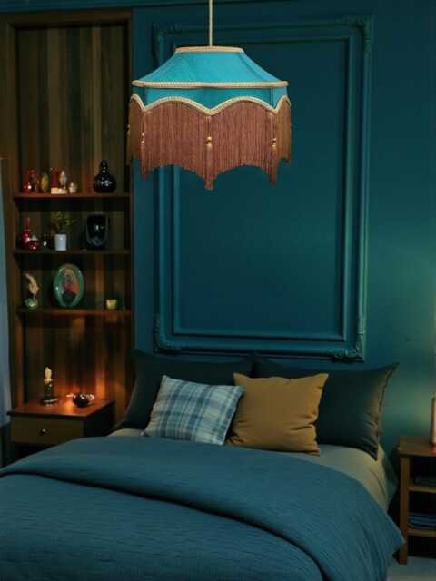Bespoke Handmade Teal Blue Fabric Pendant Lampshade Ceiling Lights, Chandeliers, Downton Abbey Style, Gold Braid, Fringe & Tassels - image 1