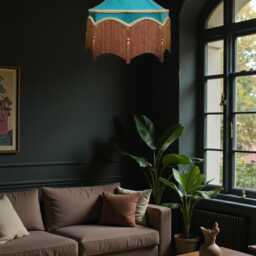 Bespoke Handmade Teal Blue Fabric Pendant Lampshade Ceiling Lights, Chandeliers, Downton Abbey Style, Gold Braid, Fringe & Tassels - thumbnail 2