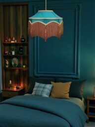Bespoke Handmade Teal Blue Fabric Pendant Lampshade Ceiling Lights, Chandeliers, Downton Abbey Style, Gold Braid, Fringe & Tassels - thumbnail 1