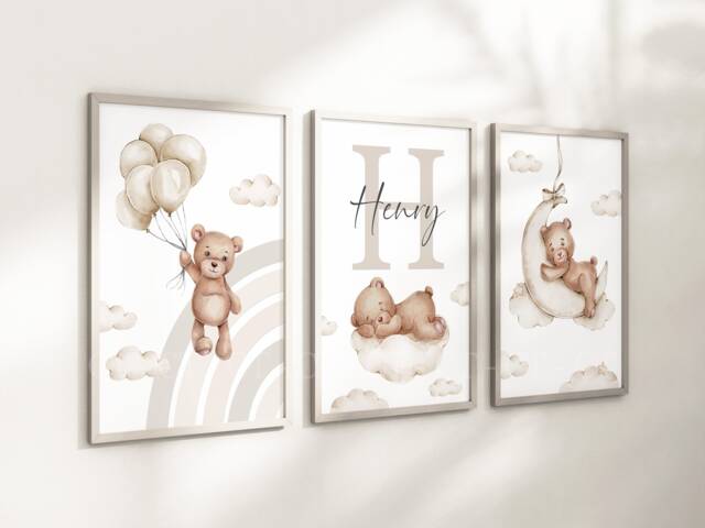 Baby Nursery Teddy Bear Prints - A4 Or A3 Size Stars Cloud Moon Rainbow Boy Girl Wall Art Gender Unisex Neutral Beige Natural Boho - image 1