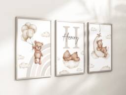 Baby Nursery Teddy Bear Prints - A4 Or A3 Size Stars Cloud Moon Rainbow Boy Girl Wall Art Gender Unisex Neutral Beige Natural Boho - thumbnail 1