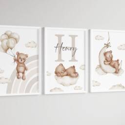 Baby Nursery Teddy Bear Prints - A4 Or A3 Size Stars Cloud Moon Rainbow Boy Girl Wall Art Gender Unisex Neutral Beige Natural Boho - thumbnail 2