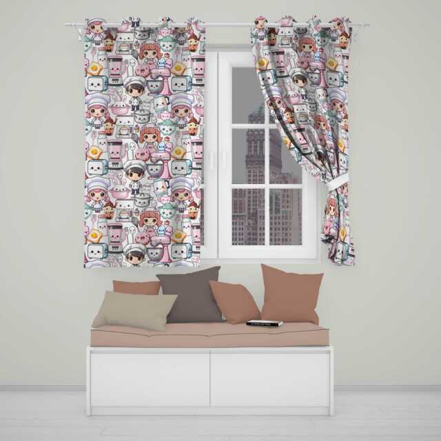 Kawaii Baking Girl Kitchen Appliances Utensils Cream Background Seamless Pattern Readymade Eyelet Ring Top Thermal 100% Blackout Curtains - image 1