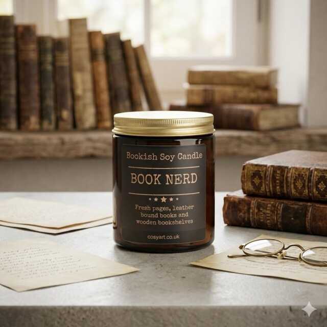 Book Nerd Soy Candle - Leathery Scent Of Old Books & Wooden Bookshelves Dark Academia Library Decor Unique Literary Gift - image 1