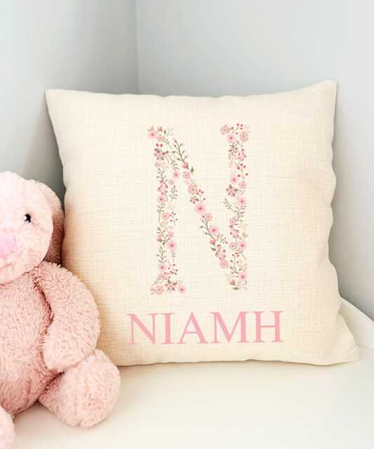 New Baby Cushion, Gift For Girl Nursery, Cushion Granddaughter, Kids Cover, Floral Gift, Personalised - image 1