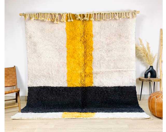 Authentic Modern Moroccan Rug - Mustard Yellow, Black & White Shag Rug, Custom Made Berber Carpet, Large Area - image 1