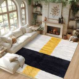 Authentic Modern Moroccan Rug - Mustard Yellow, Black & White Shag Rug, Custom Made Berber Carpet, Large Area - thumbnail 3