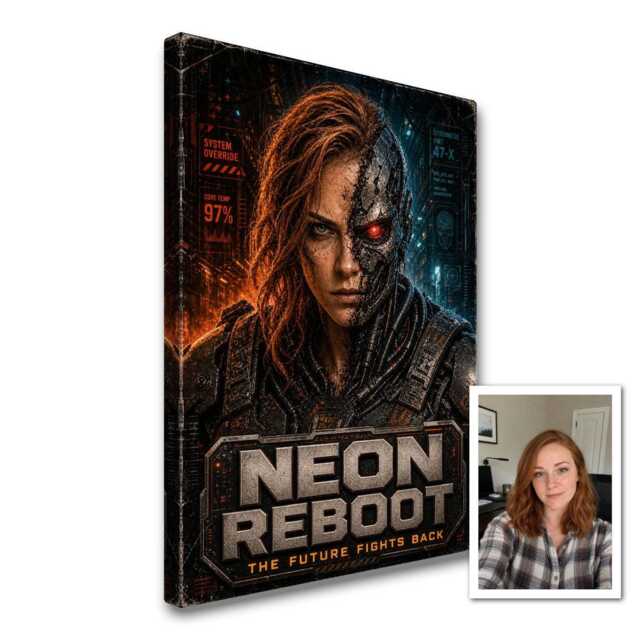 Personalised Retro Cyborg Canvas From Photo, Custom Movie Title Subtitle, Sci-Fi Action Wall Art Gift For Film Fans Gamer Room - image 1