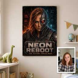Personalised Retro Cyborg Canvas From Photo, Custom Movie Title Subtitle, Sci-Fi Action Wall Art Gift For Film Fans Gamer Room - thumbnail 2