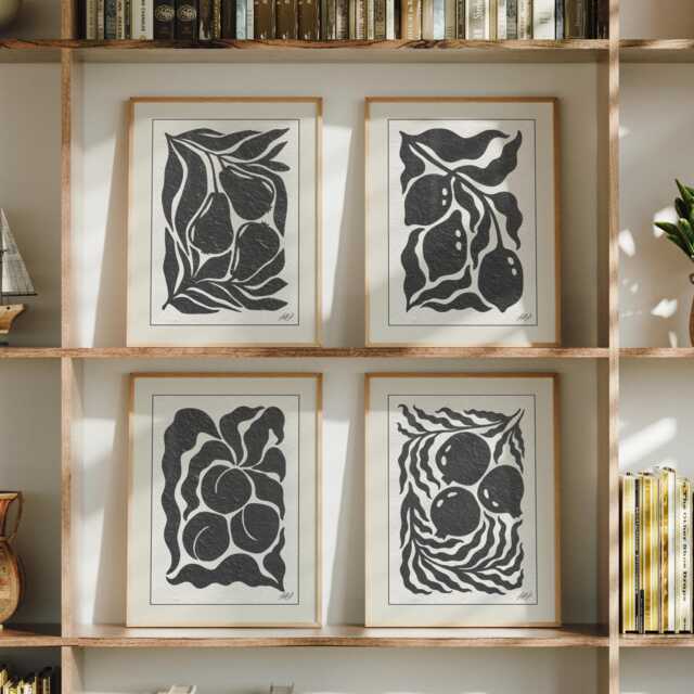 Set Of 4 Abstract Botanical Prints, Black Ink Line Art Fruit & Leafy Forms, Modern Minimalist Wall For Kitchen, Dining Room, Living Room - image 1