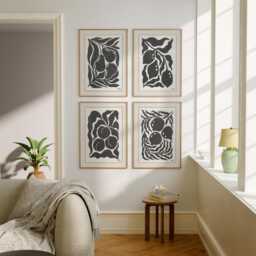 Set Of 4 Abstract Botanical Prints, Black Ink Line Art Fruit & Leafy Forms, Modern Minimalist Wall For Kitchen, Dining Room, Living Room - thumbnail 3