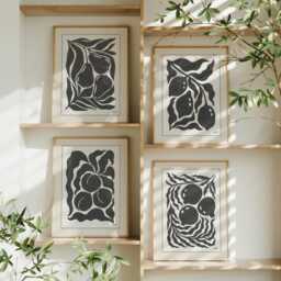 Set Of 4 Abstract Botanical Prints, Black Ink Line Art Fruit & Leafy Forms, Modern Minimalist Wall For Kitchen, Dining Room, Living Room - thumbnail 2