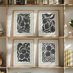 Set Of 4 Abstract Botanical Prints, Black Ink Line Art Fruit & Leafy Forms, Modern Minimalist Wall For Kitchen, Dining Room, Living Room - thumbnail 1