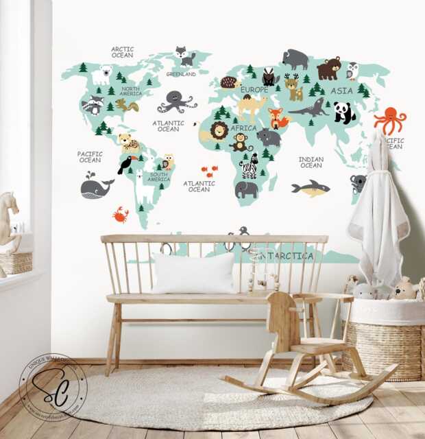 World Map Animal Vinyl Wall Decal - Nursery Decor - 79x46.5 - image 1