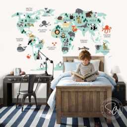 World Map Animal Vinyl Wall Decal - Nursery Decor - 79x46.5 - thumbnail 2