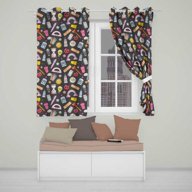 Cute Kawaii School Supplies Rainbow Apple Glue Dark Seamless Pattern Readymade Eyelet Ring Top Thermal 100% Blackout Curtains - image 1