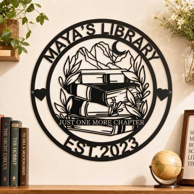 Custom Name Library Metal Wall Sign, Decor, Mountain Crescent Moon Book Stack Iron Hanging Art For Reading Room - image 1