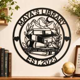 Custom Name Library Metal Wall Sign, Decor, Mountain Crescent Moon Book Stack Iron Hanging Art For Reading Room