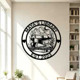 Custom Name Library Metal Wall Sign, Decor, Mountain Crescent Moon Book Stack Iron Hanging Art For Reading Room - thumbnail 2