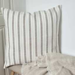 Linen Cushion Cover, Natural Stone & Off White Freya Striped Cushion, Handmade Decorative Farmhouse Country Style Scatter - thumbnail 3
