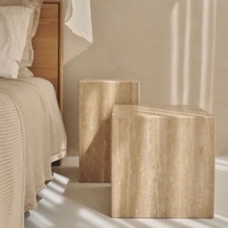 Cube Nightstand Travertine, Natural Stone Cubic Side Table, Beige Travertine End Plinth Custom Size Marble Table - thumbnail 2