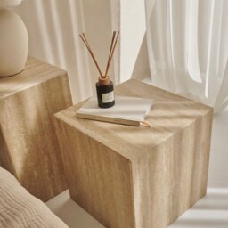 Cube Nightstand Travertine, Natural Stone Cubic Side Table, Beige Travertine End Plinth Custom Size Marble Table - thumbnail 3