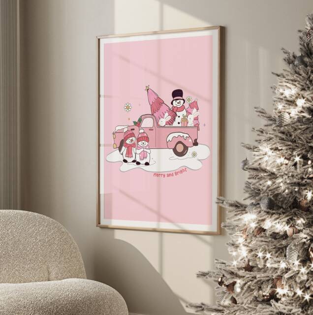 Pink Snowman Car Art Print, Retro Christmas Wall Decor, Pastel Decor Xmas Poster 1693 - image 1