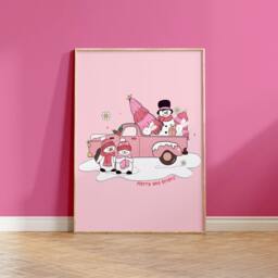 Pink Snowman Car Art Print, Retro Christmas Wall Decor, Pastel Decor Xmas Poster 1693 - thumbnail 2
