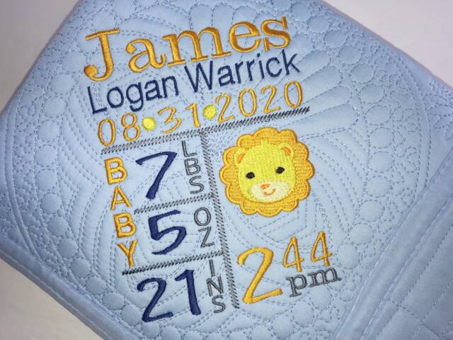 Personalized Lion Baby Blanket, Embroidered Birth Stats Quilt - image 1