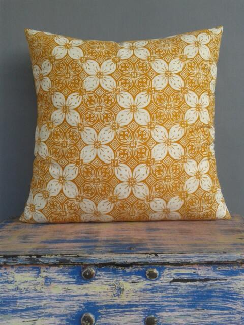 Ochre Batik Pillow Cover Hand-Printed Cotton Cushion, Boho Decor - image 1