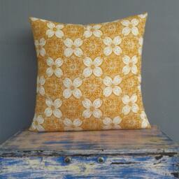 Ochre Batik Pillow Cover Hand-Printed Cotton Cushion, Boho Decor - thumbnail 2