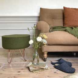 Harris Tweed Olive Footstool With Steel Hairpin Legs - thumbnail 1