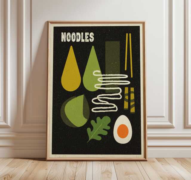Noodles Kitchen Poster, Mid Century Modern Wall Art, Retro Food Print, Minimalist Ramen Illustration, Green Japanese Decor Artwork - image 1