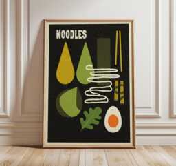 Noodles Kitchen Poster, Mid Century Modern Wall Art, Retro Food Print, Minimalist Ramen Illustration, Green Japanese Decor Artwork - thumbnail 1