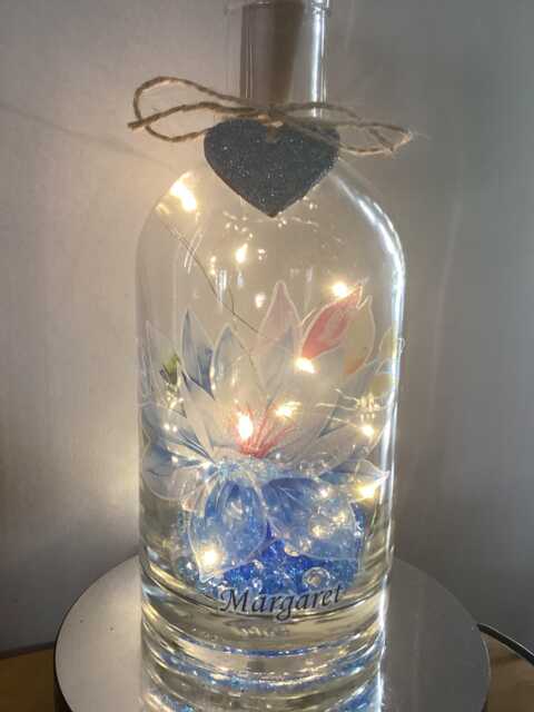 Personalised July Water Lily Birth Flower, Light Up Bottle, Bottle Lamp With Gift Messaging Service & Bag