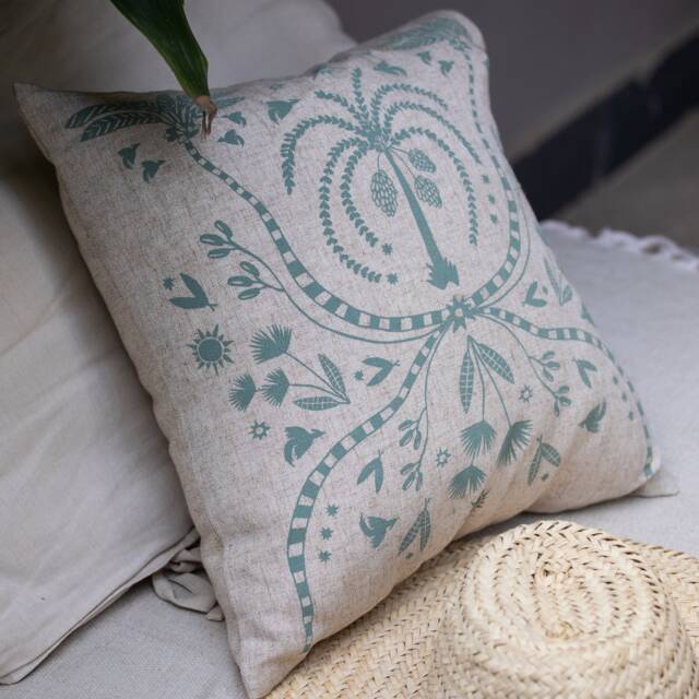 Floral Plant Linen Throw Pillow Cover Set - Handwoven Accent Decorative Pillowcase 16x16 Hand Printed Trendy Sage Ochre Brick Red Blue - image 1