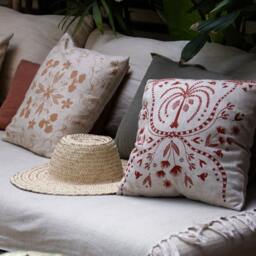 Floral Plant Linen Throw Pillow Cover Set - Handwoven Accent Decorative Pillowcase 16x16 Hand Printed Trendy Sage Ochre Brick Red Blue - thumbnail 2