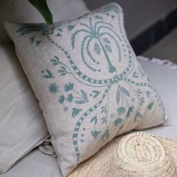 Floral Plant Linen Throw Pillow Cover Set - Handwoven Accent Decorative Pillowcase 16x16 Hand Printed Trendy Sage Ochre Brick Red Blue - thumbnail 1