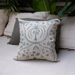 Floral Plant Linen Throw Pillow Cover Set - Handwoven Accent Decorative Pillowcase 16x16 Hand Printed Trendy Sage Ochre Brick Red Blue - thumbnail 3