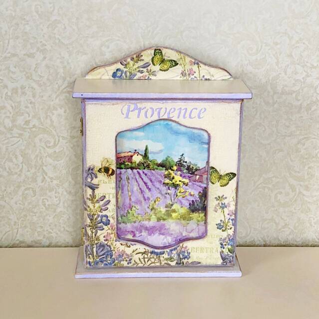 Hand-Painted Provence Lavender Key Holder Cabinet, Field Wall Decor - image 1