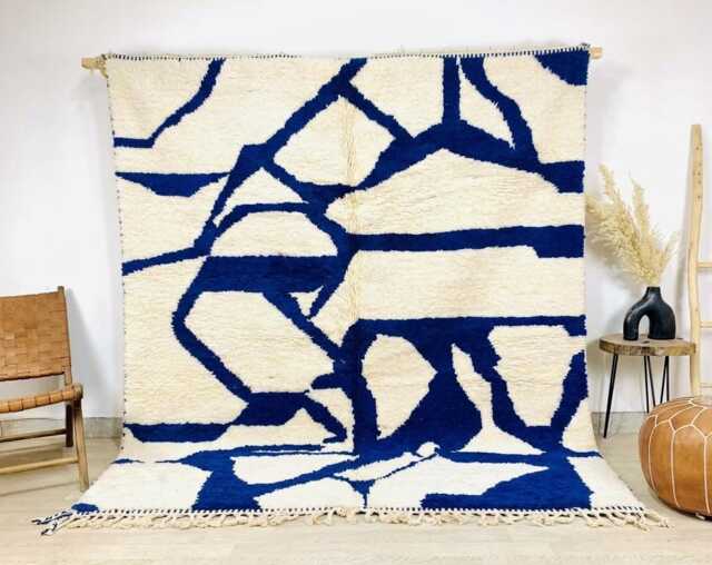White Blue Abstract Moroccan Rug - Shag Large Area Handmade Berber Modern Living Room Decor Custom Wool Carpet - image 1