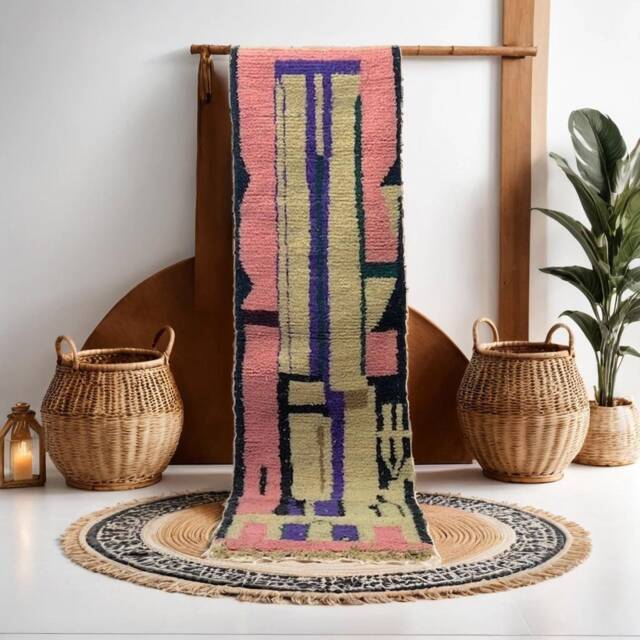 Pink Moroccan Runner Rug Handwoven Lamb Wool Beni Ourain Rug - image 1