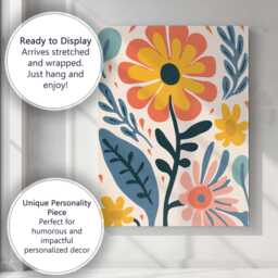 Contemporary Folk Art Floral Pattern With Peach & Mustard Blossoms Canvas Wall Print Decor Picture Ready To Hang - thumbnail 3